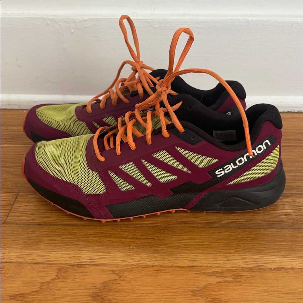 Salomon Trail Shoes in Burgundy and Lime with Orange Accents